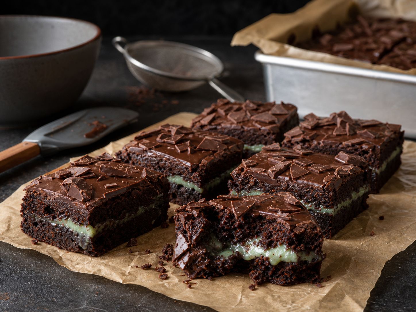 After Eight-brownies skåret i firkanter med fudgy chokoladebund, et synligt smeltet mintlag i midten og hakkede After Eight-plader på den blanke top