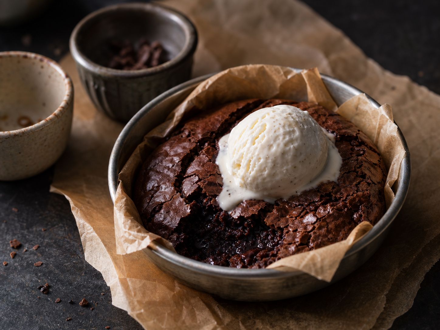 Lille rund airfryer-brownie for to med sprød top og en smeltende kugle vaniljeis