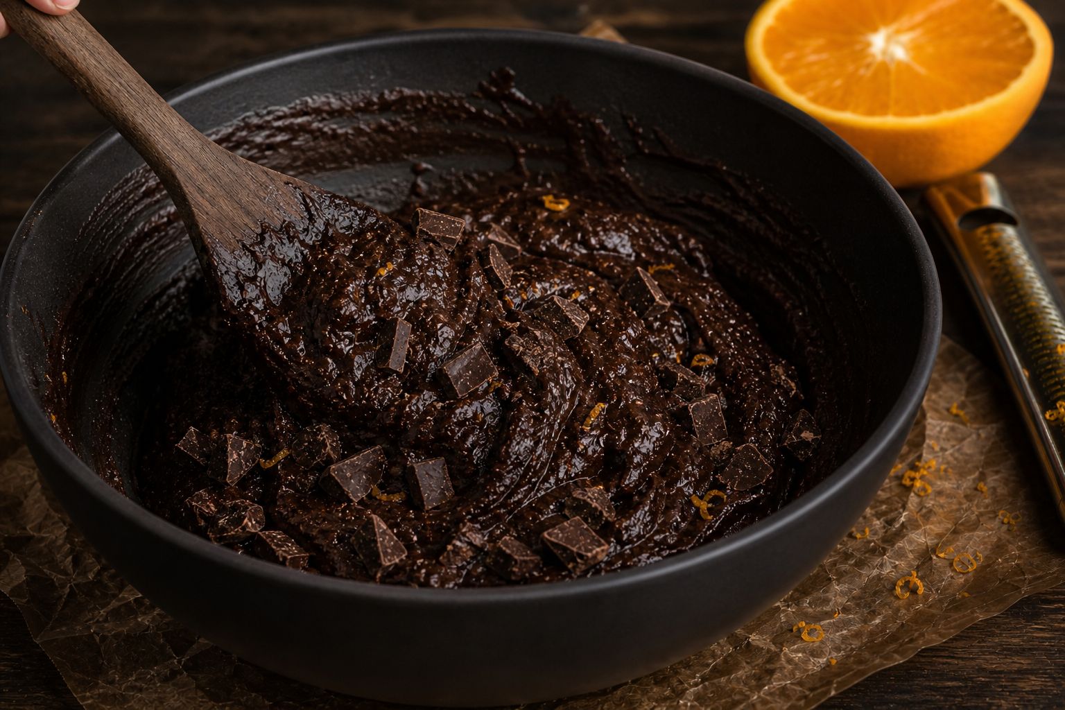 Appelsin-brownies, trin 5: fold chokoladen i