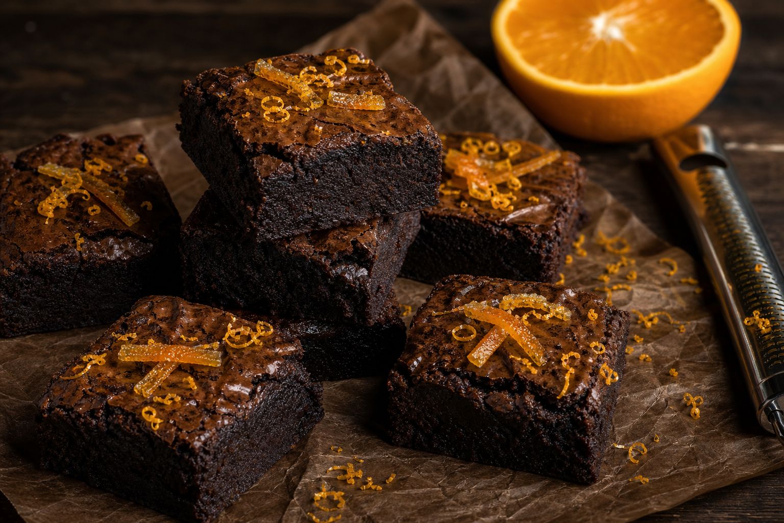 Mørke appelsin-brownies skåret i firkanter med blank crackly top, drysset med fintrevet appelsinskal og en strimmel appelsinskal