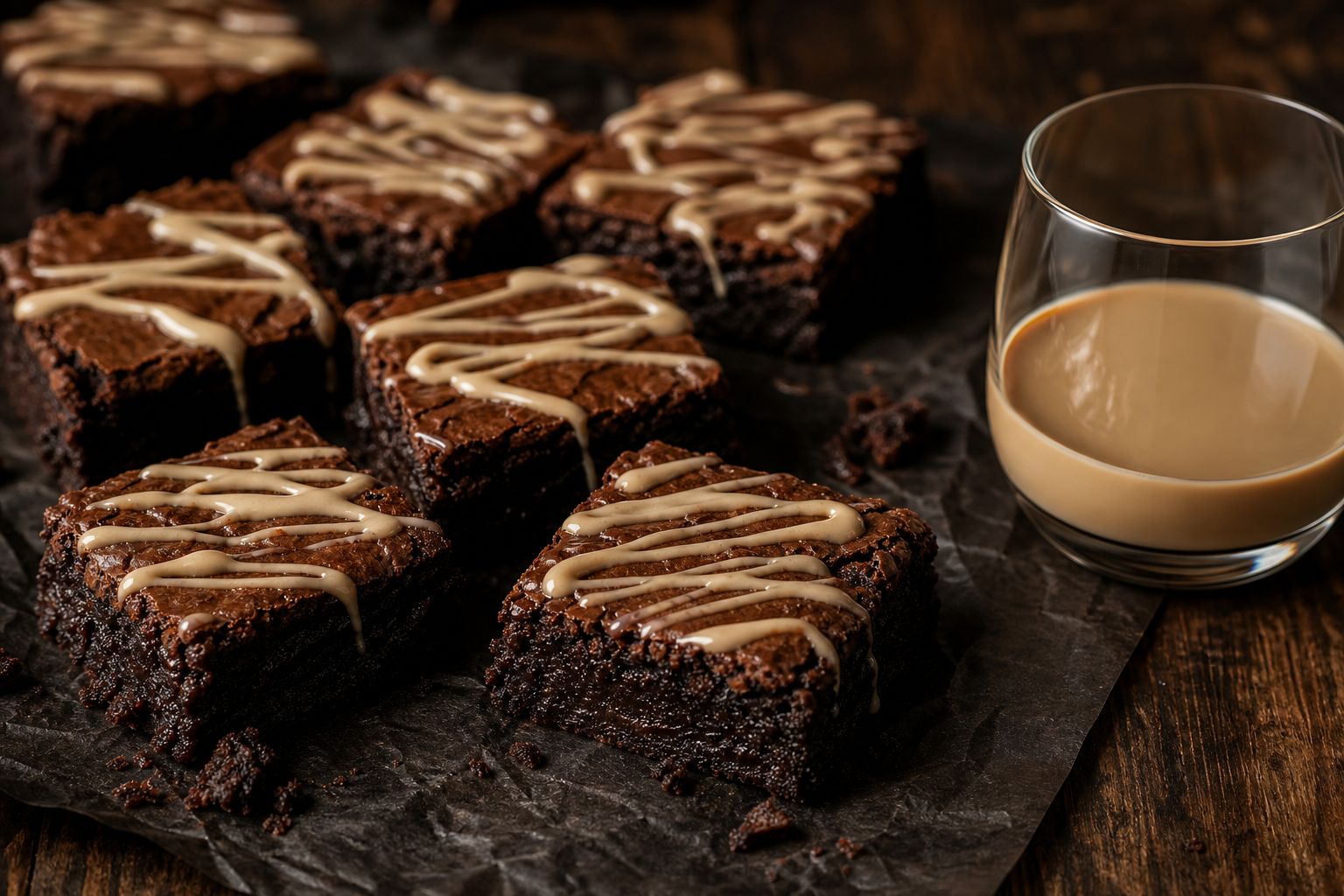 Baileys-brownies skåret i firkanter med en blank, mørk Baileys-ganache på toppen og et strøg flagesalt