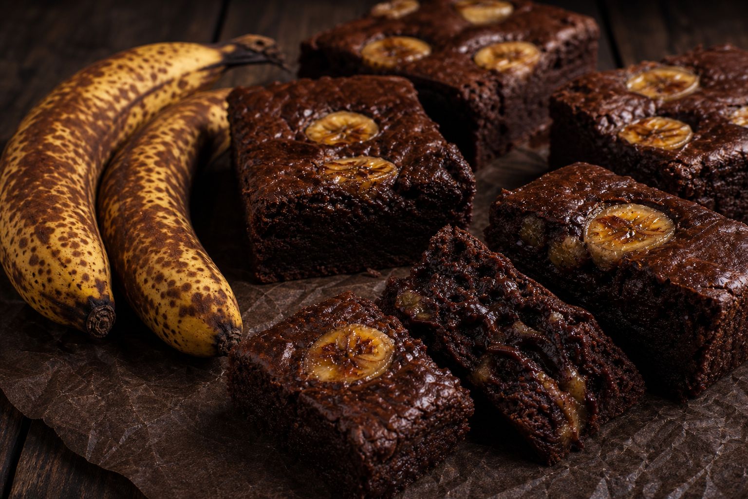 Banan-brownies skåret i firkanter med blank top, tæt fudgy kerne og synlige stykker smeltet mørk chokolade