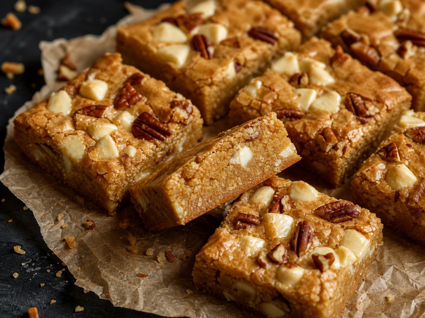 Gyldne blondies med hvid chokolade og pekannødder, skåret i firkanter på bagepapir