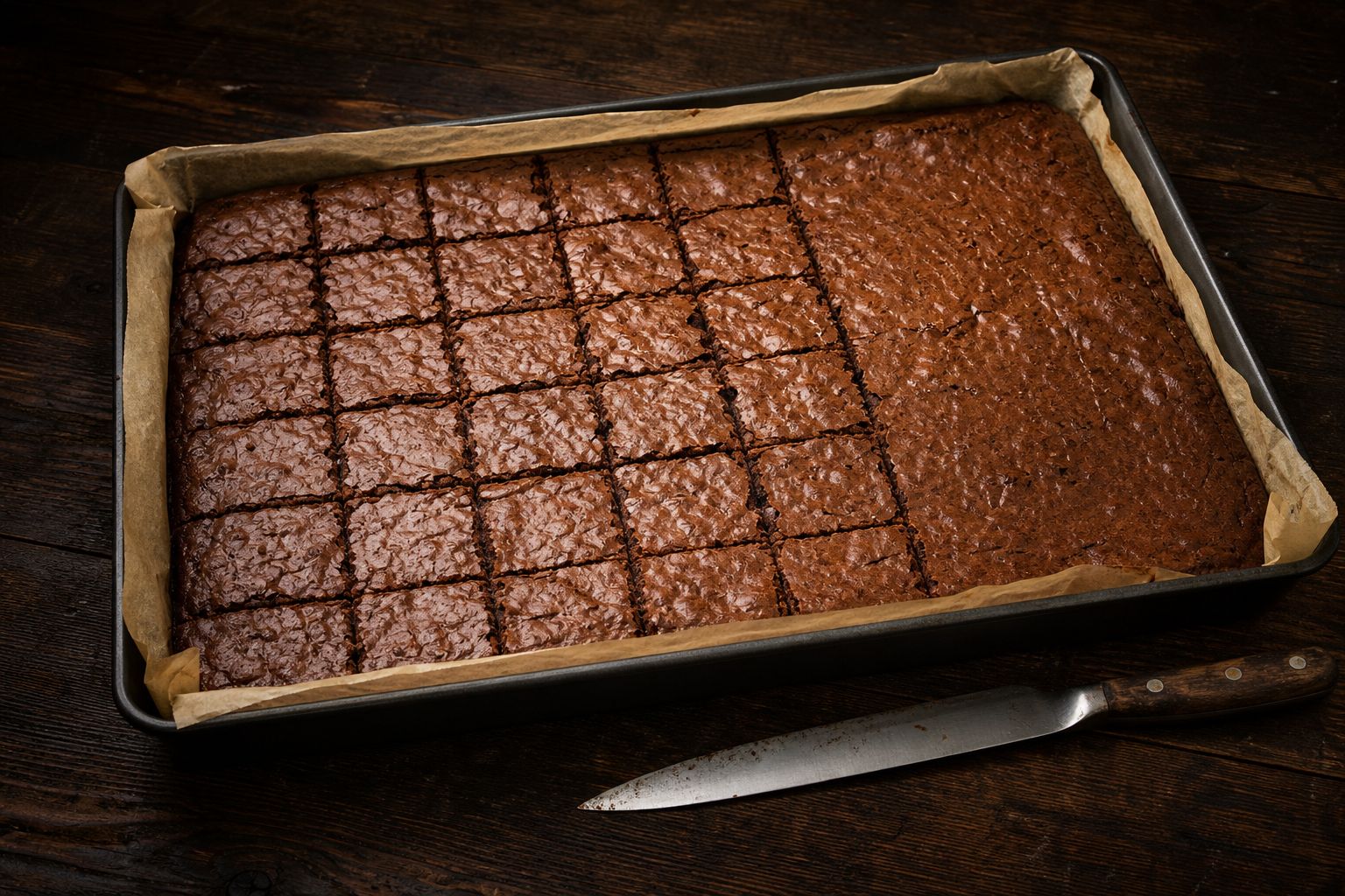 Stor bradepande med fudgy brownies skåret i pæne firkanter, blank crackly top og gooey kerne, klar til fødselsdag