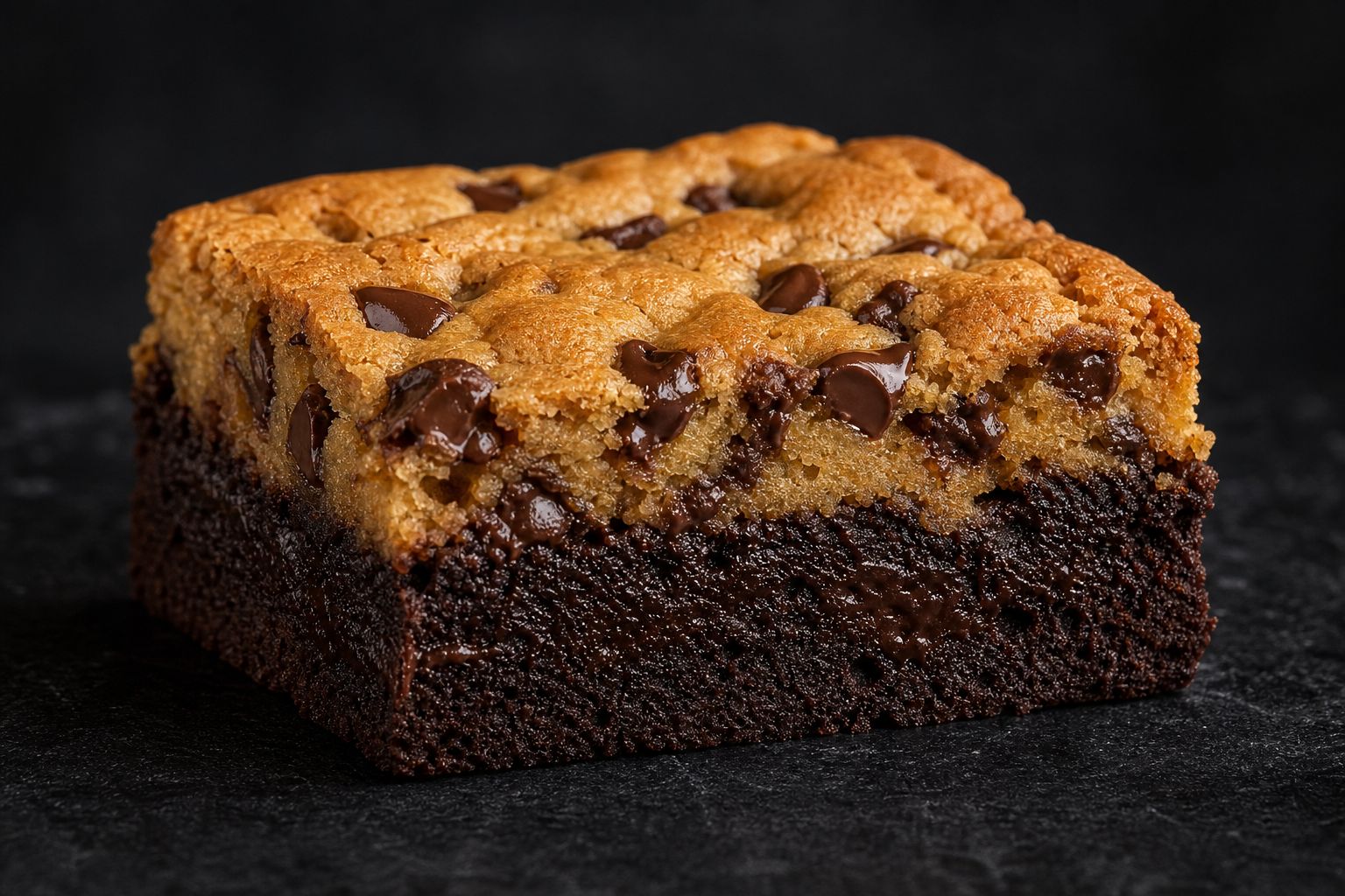 Brookies skåret i firkanter med en tæt mørk fudgy browniebund og et tykt gyldent chocolate chip-cookielag ovenpå med smeltede chokoladeknapper