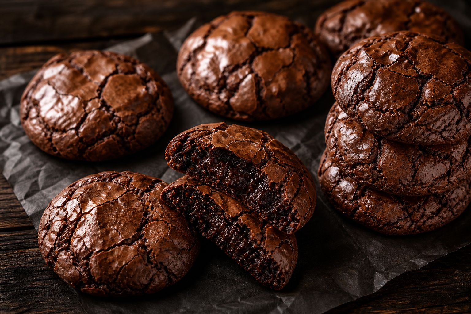 Brownie-cookies på bagepapir med blank, revnet crackly overflade og fudgy, sprukket midte