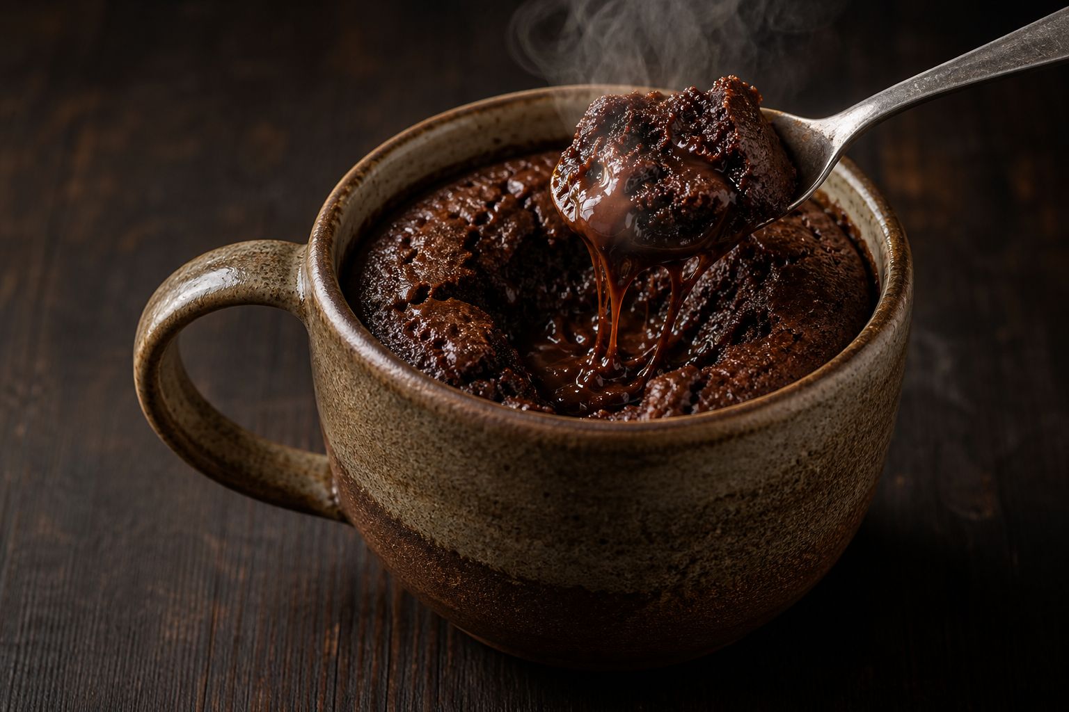 Varm fudgy brownie i en hvid kop med en ske, blødt smeltet chokolade i midten og let dampende overflade