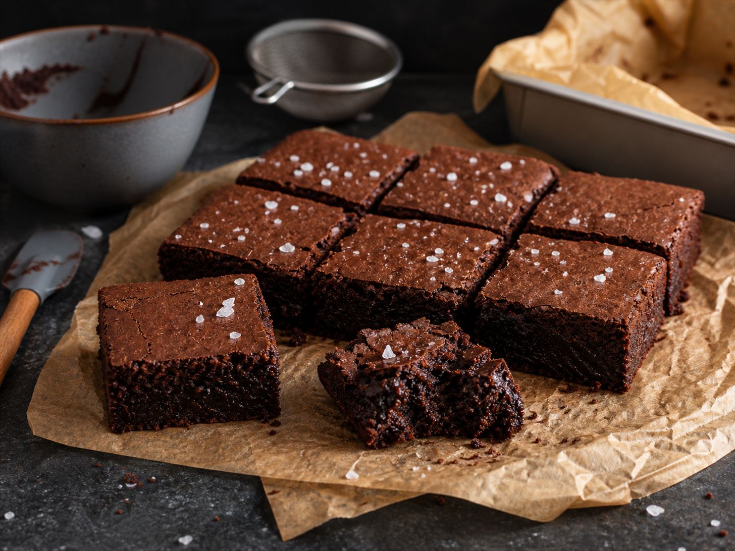 Brownies uden æg skåret i firkanter med tæt fudgy kerne og en mat, jævn top drysset med flagesalt