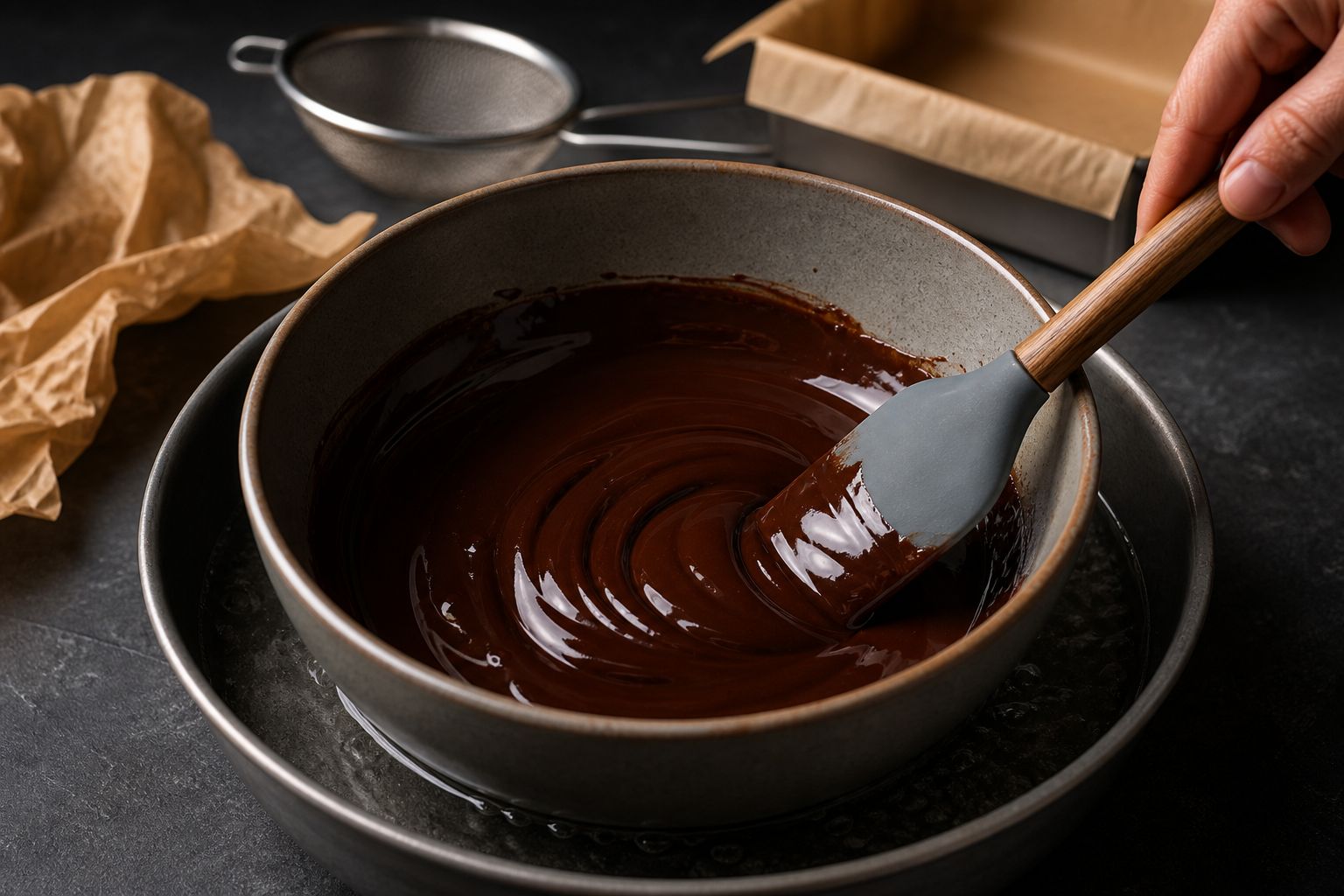 Brownies uden smør, trin 2: smelt chokoladen i olien