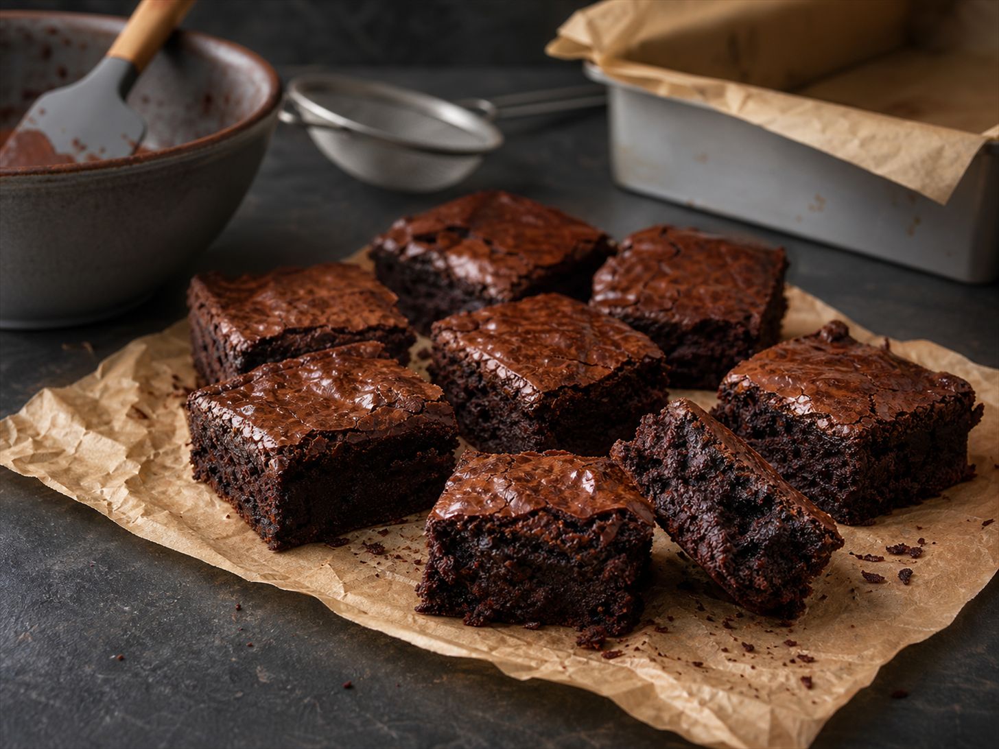 Brownies uden smør skåret i firkanter med blank crackly top og en meget fugtig, fudgy mørk kerne