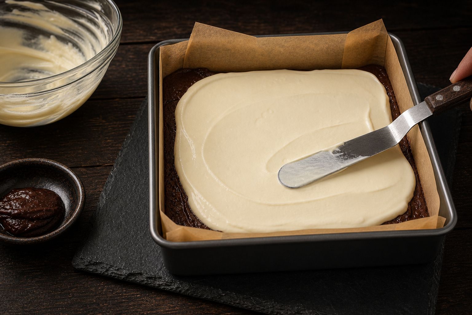 Cheesecake-brownies, trin 5: rør cheesecake-laget