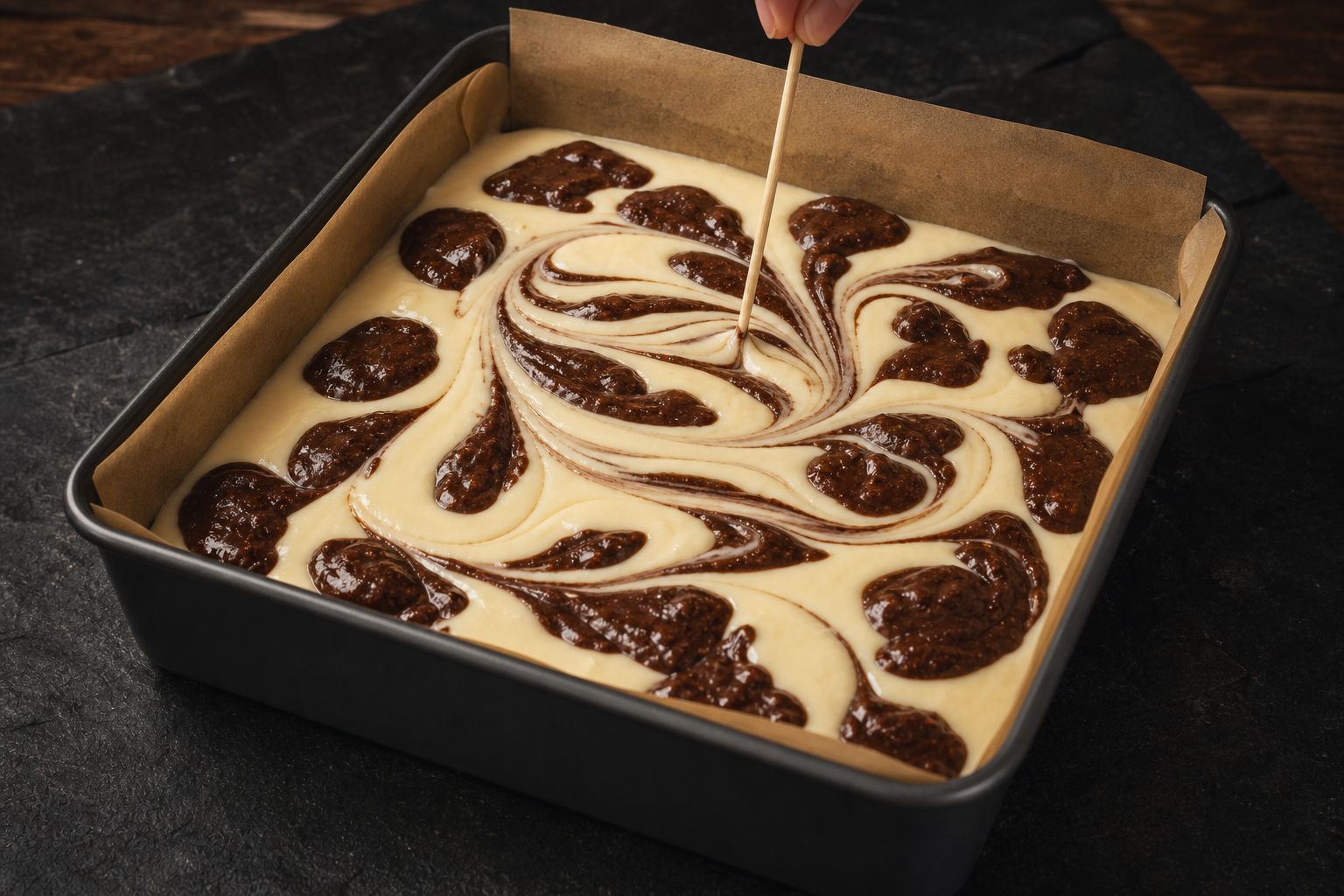 Cheesecake-brownies, trin 6: marmorering