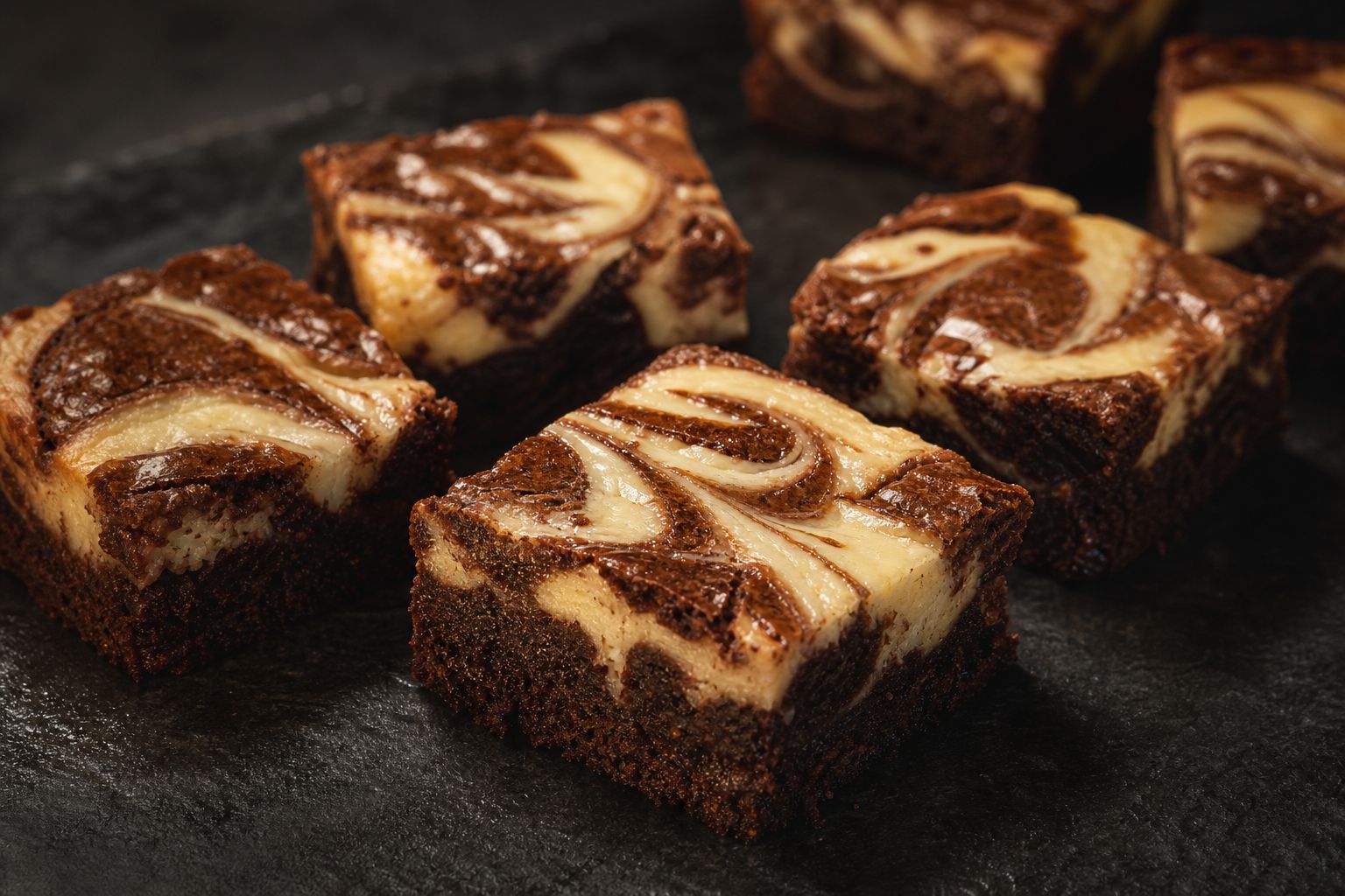 Cheesecake-brownies i firkanter med dyb chokoladebund og lyse flødeostmarmorering marmoreret blankt henover den fudgy overflade