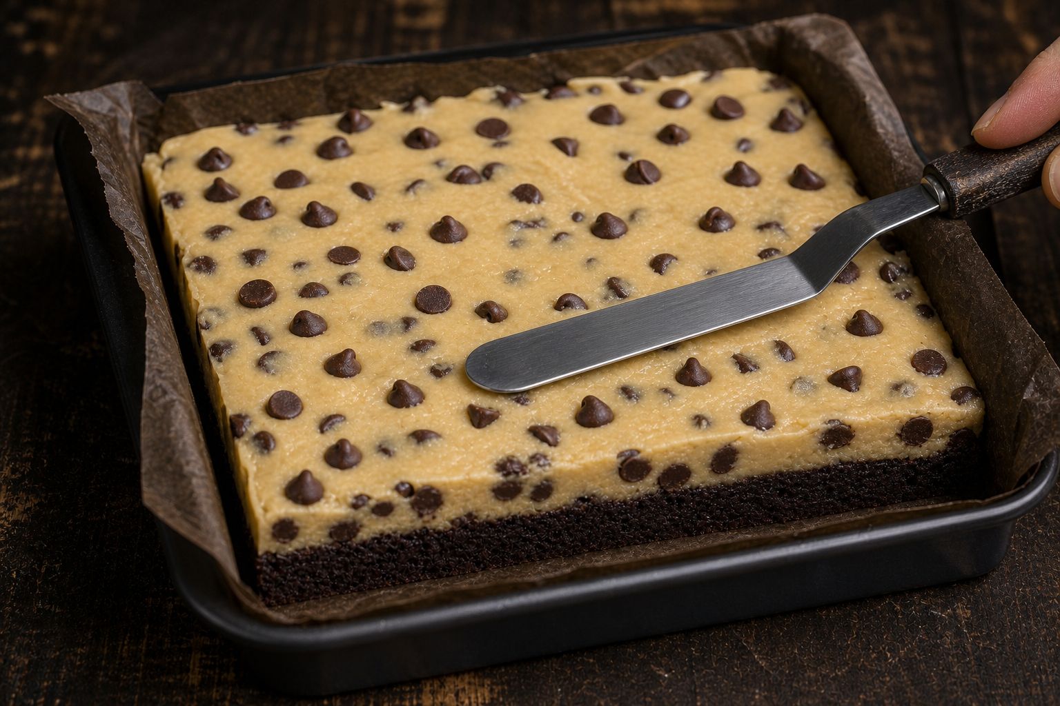 Cookie dough-brownies, trin 6: læg laget på
