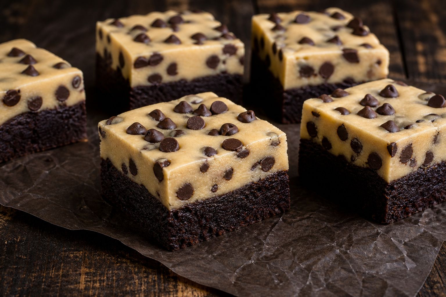 Cookie dough-brownies i firkanter med mørk fudgy bund og et tykt, lyst lag råt cookie dough med chokoladeknapper ovenpå