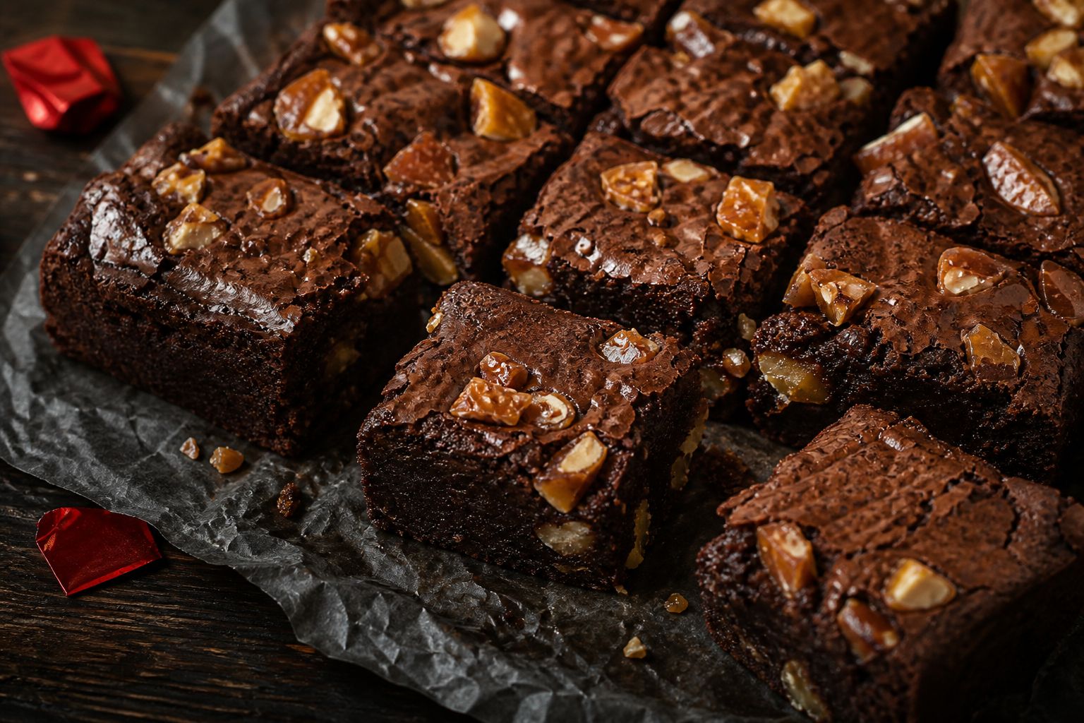 Daim-brownies skåret i firkanter med fudgy chokoladebund og synlige knasende Daim-stykker drysset på den blanke top
