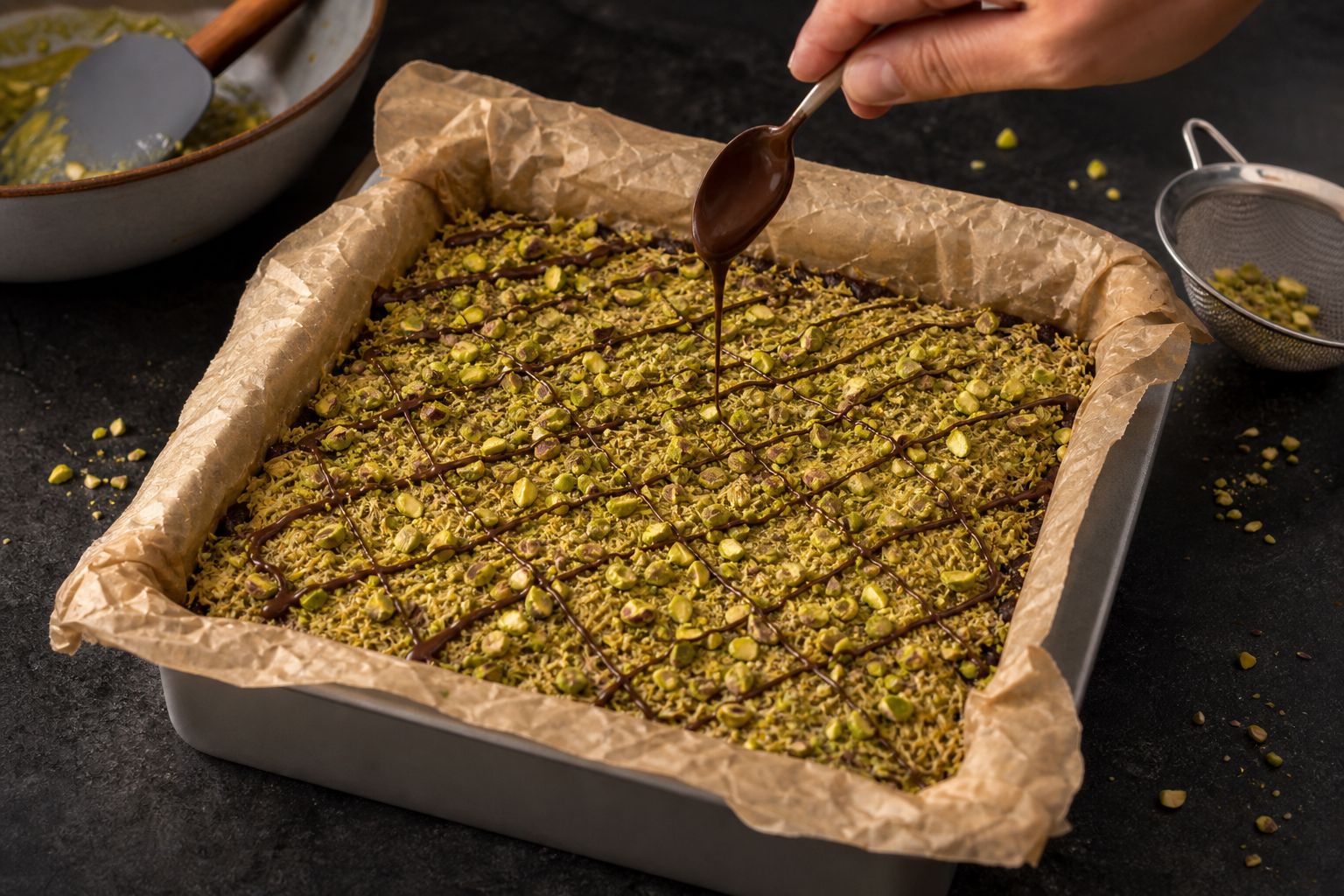 Dubai-brownies, trin 7: pistacie-kadayif-top