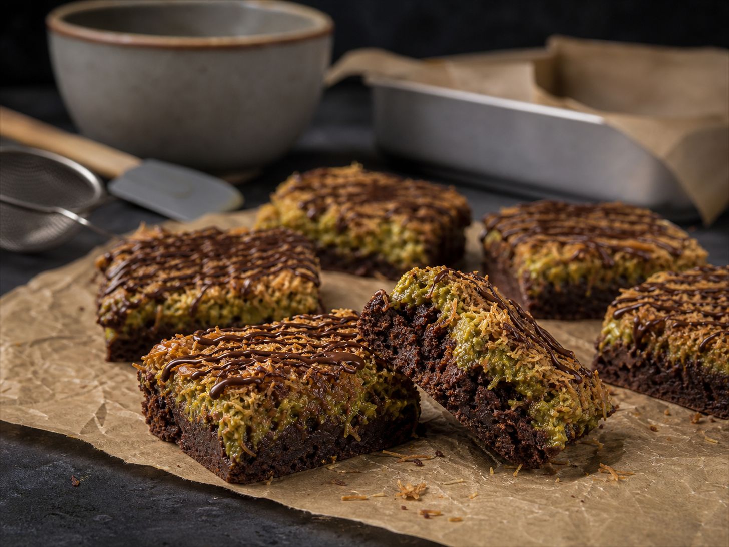 Dubai-brownies skåret i firkanter med fudgy mørk chokoladebund og et sprødt lag gyldenristet kadayif i grøn pistaciecreme og tynde striber af mørk chokolade henover