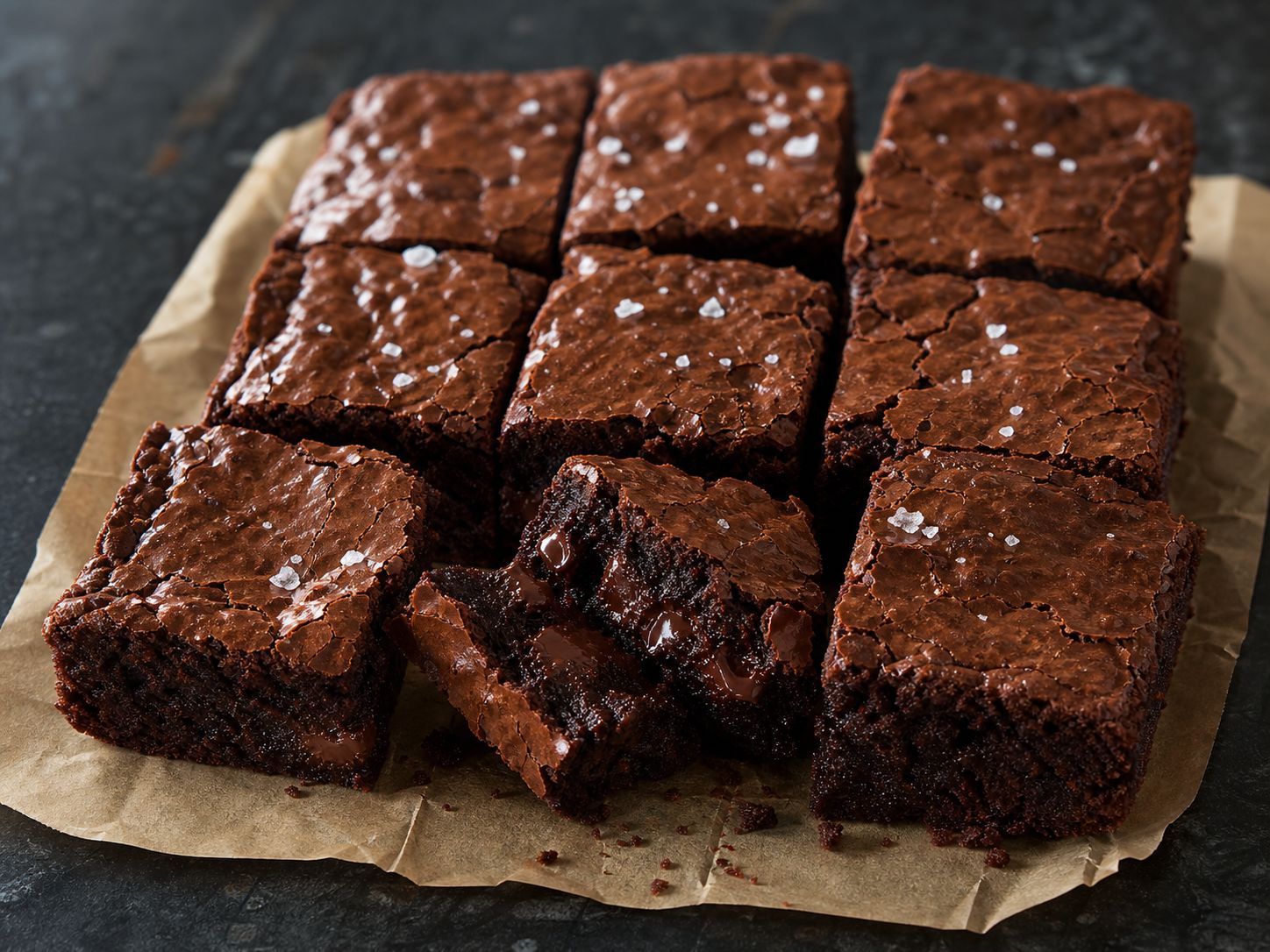 Fudgy brownies skåret i firkanter med blank crackly top og gooey kerne, brudt op med flagesalt