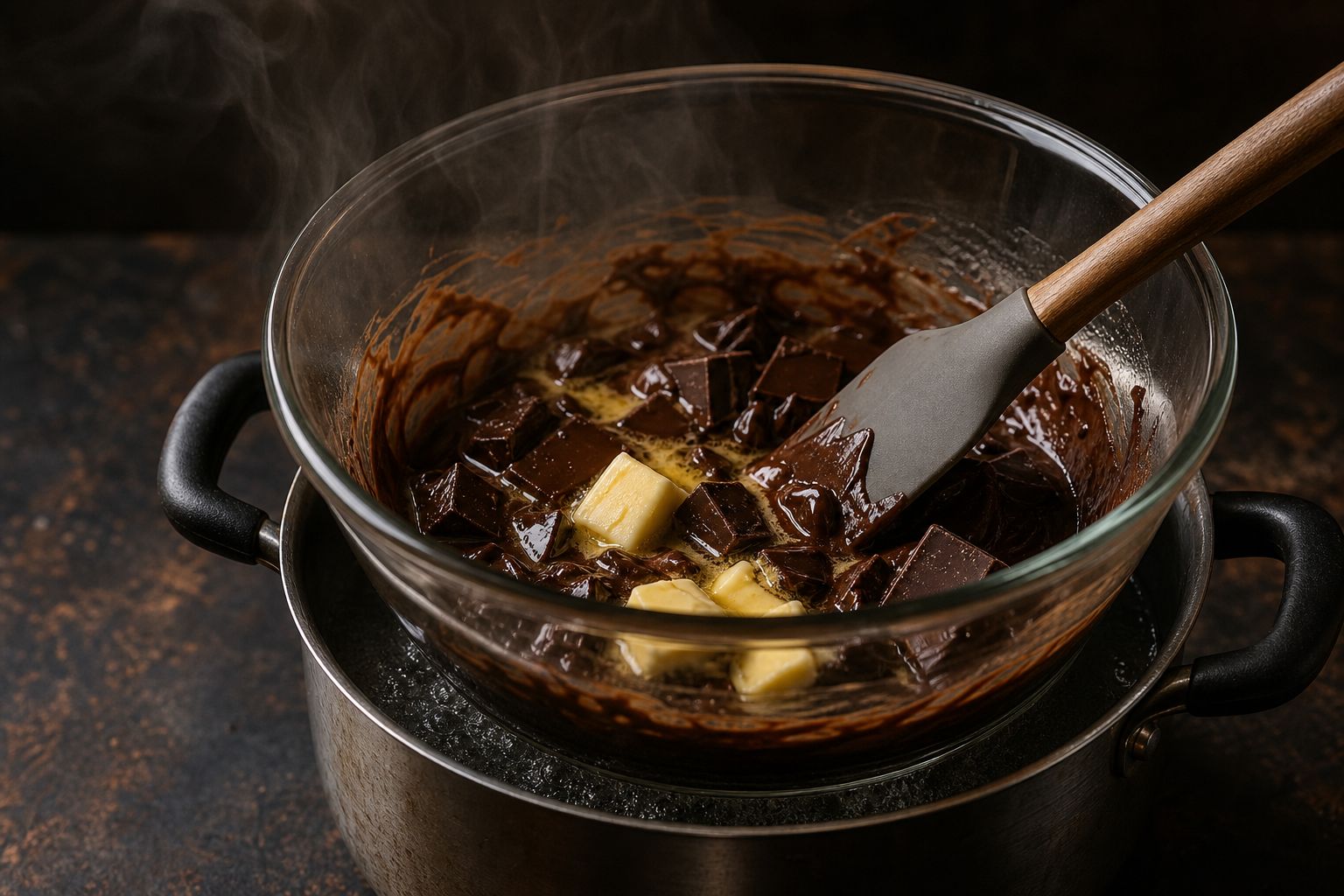 Mørk chokolade og smør smeltes sammen over vandbad