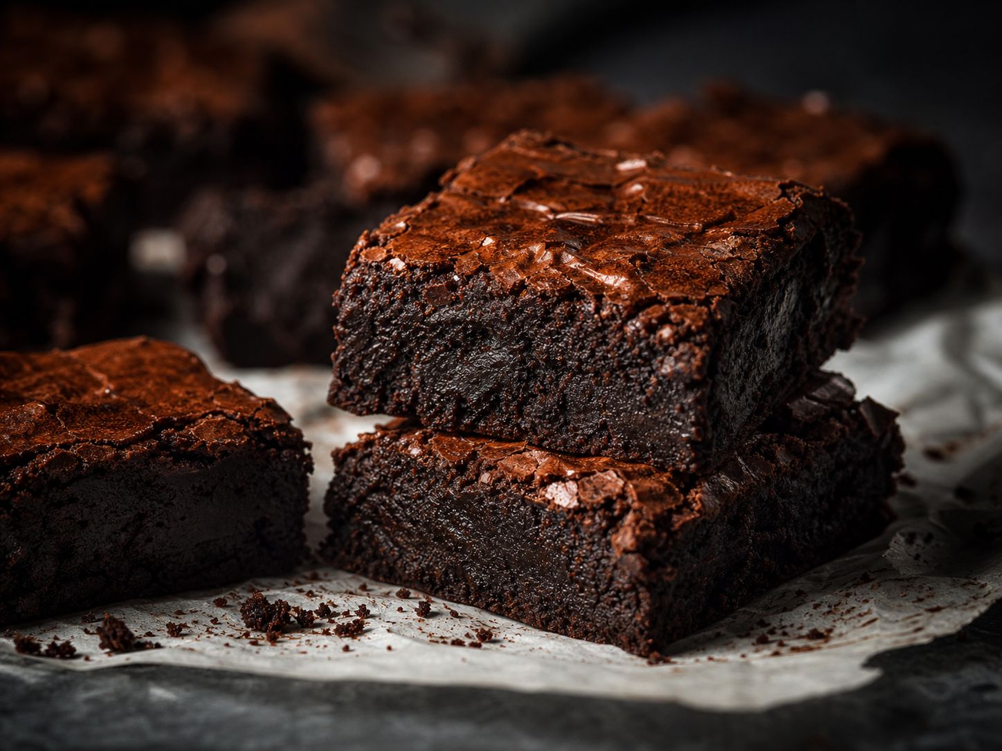 Glutenfri fudgy brownies med blank crackly top, skåret i firkanter og stablet