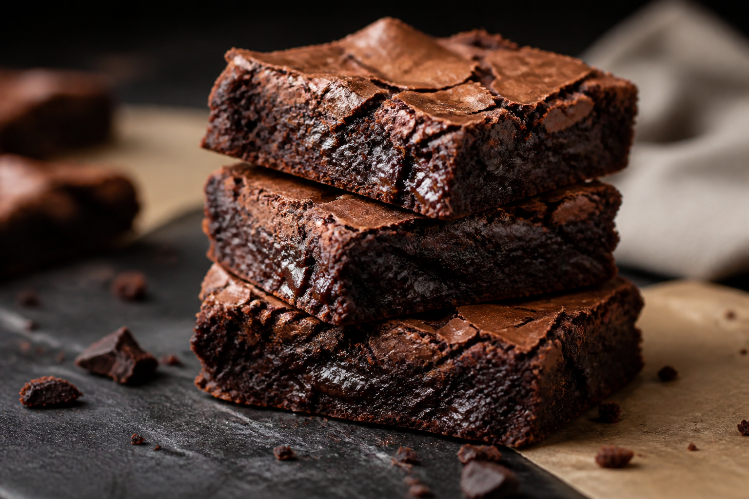 Fudgy airfryer-brownie med blød kerne skåret i stykker