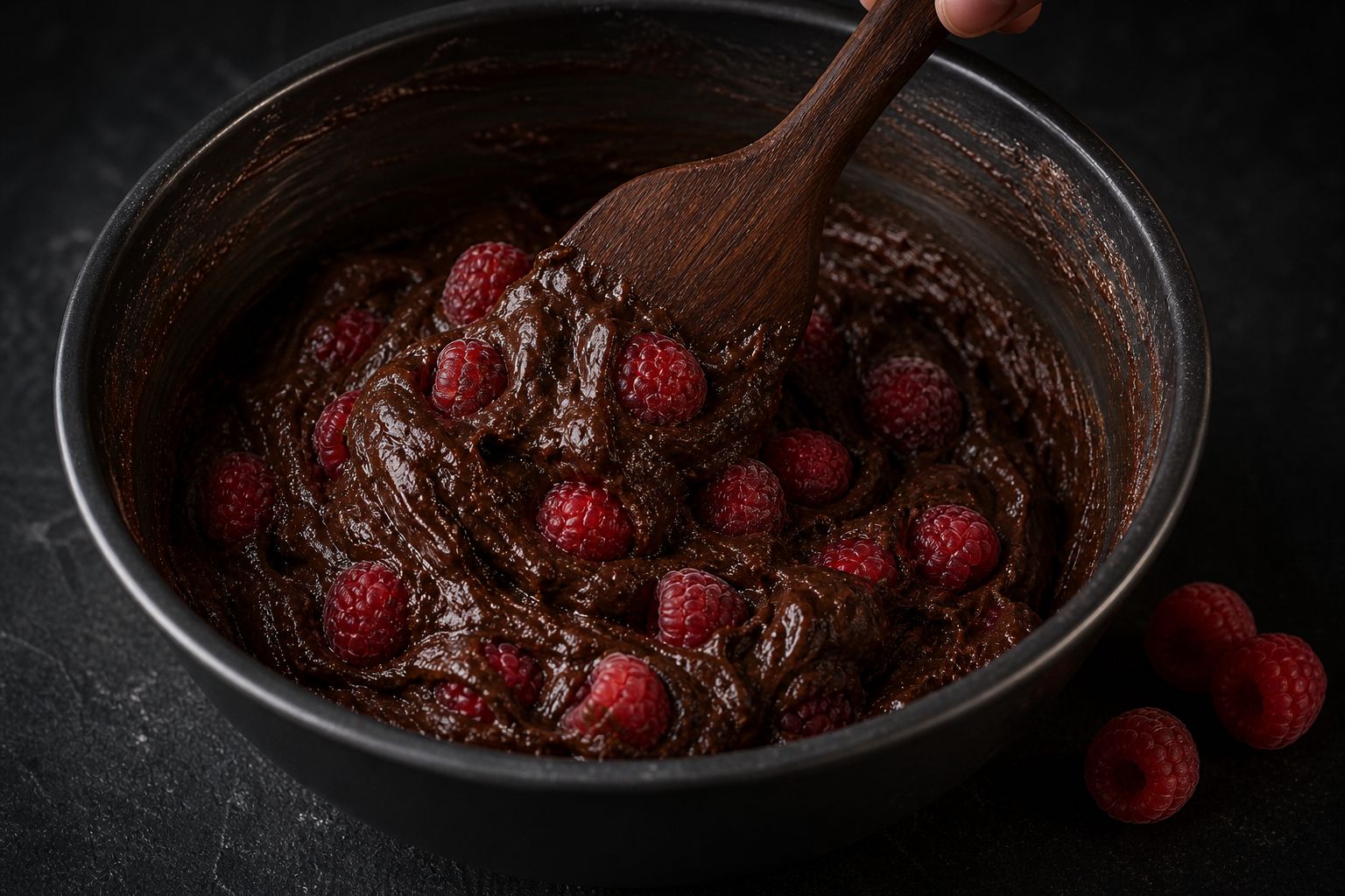 Hindbær-brownies, trin 5: vend hindbær i