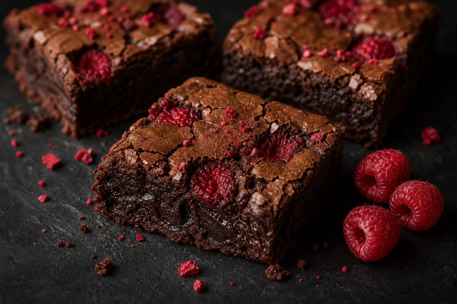 Hindbær-brownies skåret i firkanter med blank crackly top, nedsunkne røde hindbær og et drys knuste frysetørrede hindbær