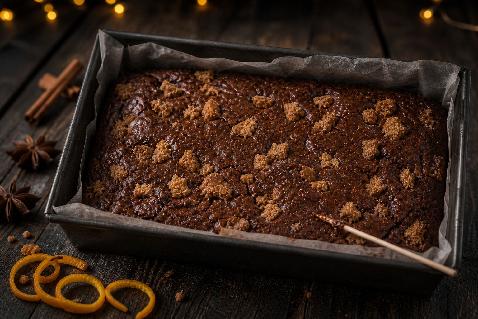 Julebrownies, trin 6: bag med pebernødder