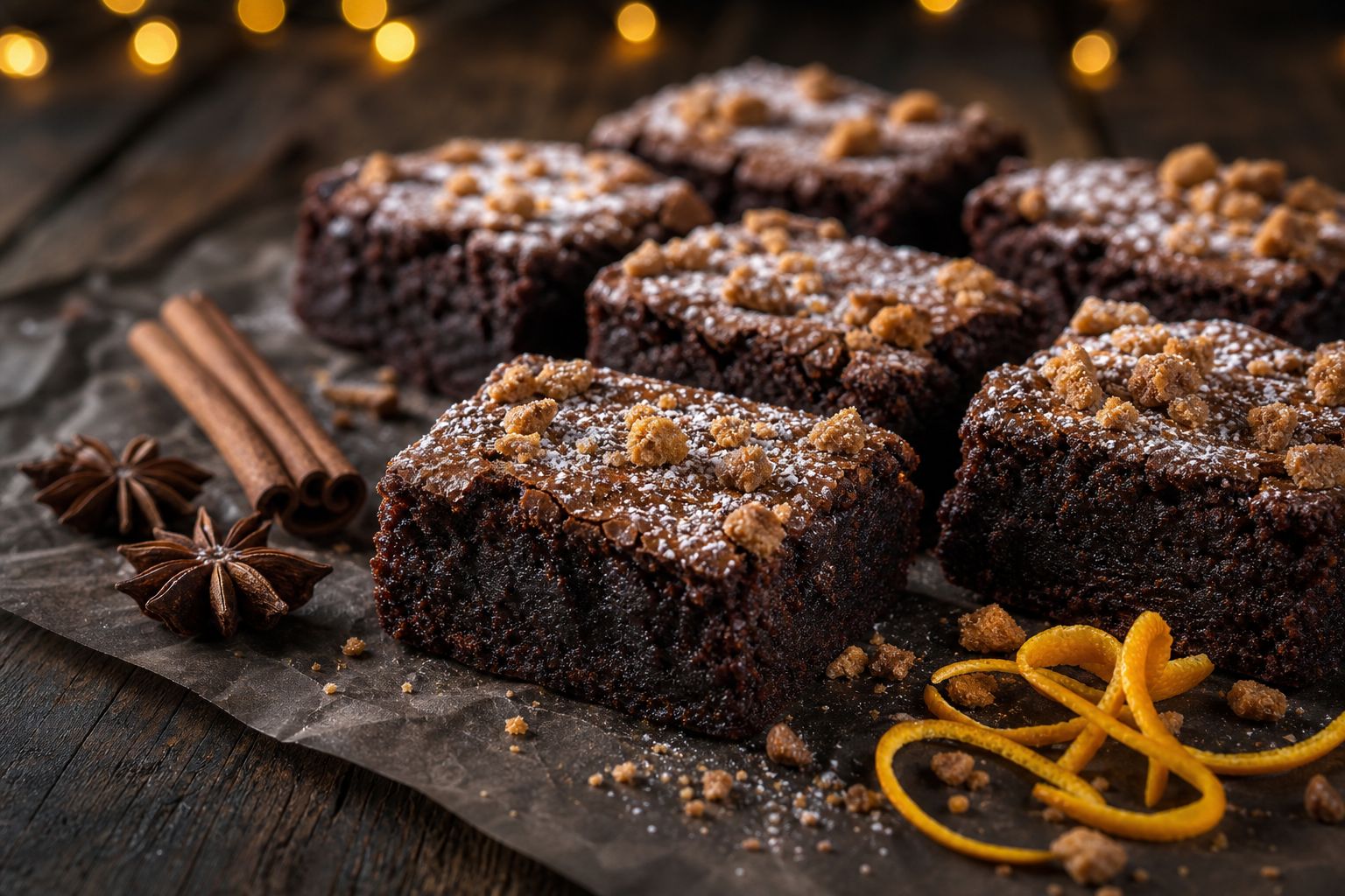 Fudgy julebrownies skåret i firkanter med blank top, drysset med knuste pebernødder og et strejf appelsinskal