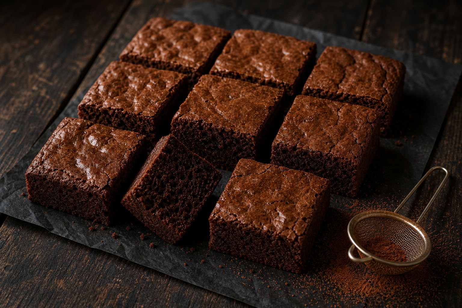 Kakao-brownies skåret i firkanter med blank crackly top og tæt fudgy kerne, bagt kun med kakaopulver