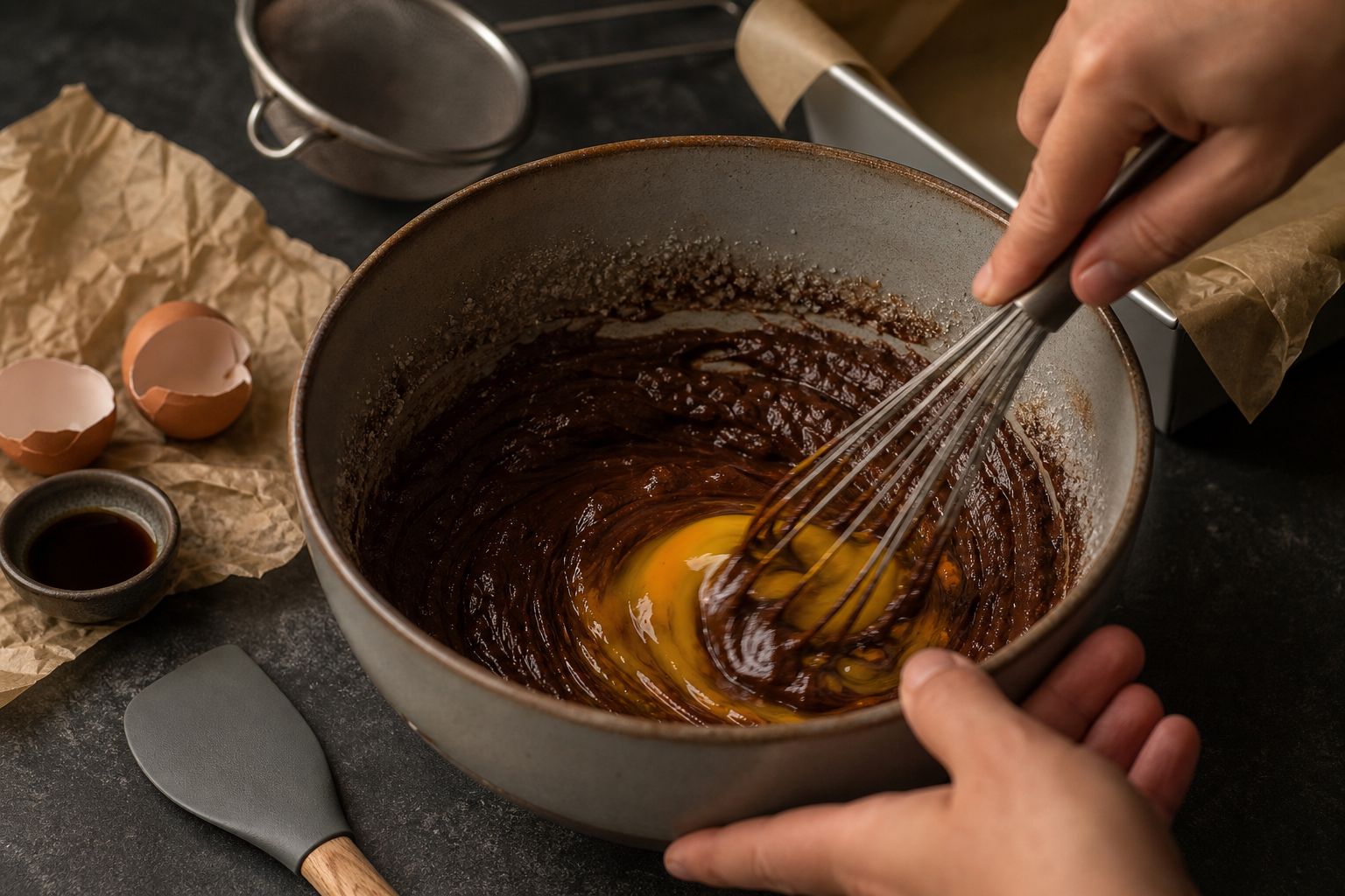 Keto-brownies, trin 3: rør sødemiddel og æg i