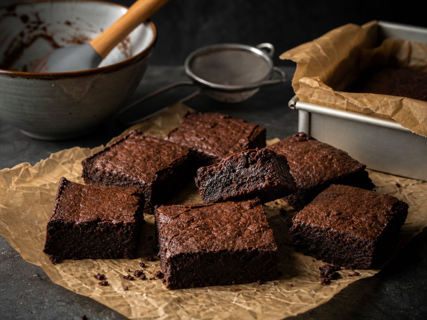 Keto-brownies skåret i firkanter med tæt fudgy kerne, bagt med mandelmel og erythritol uden sukker