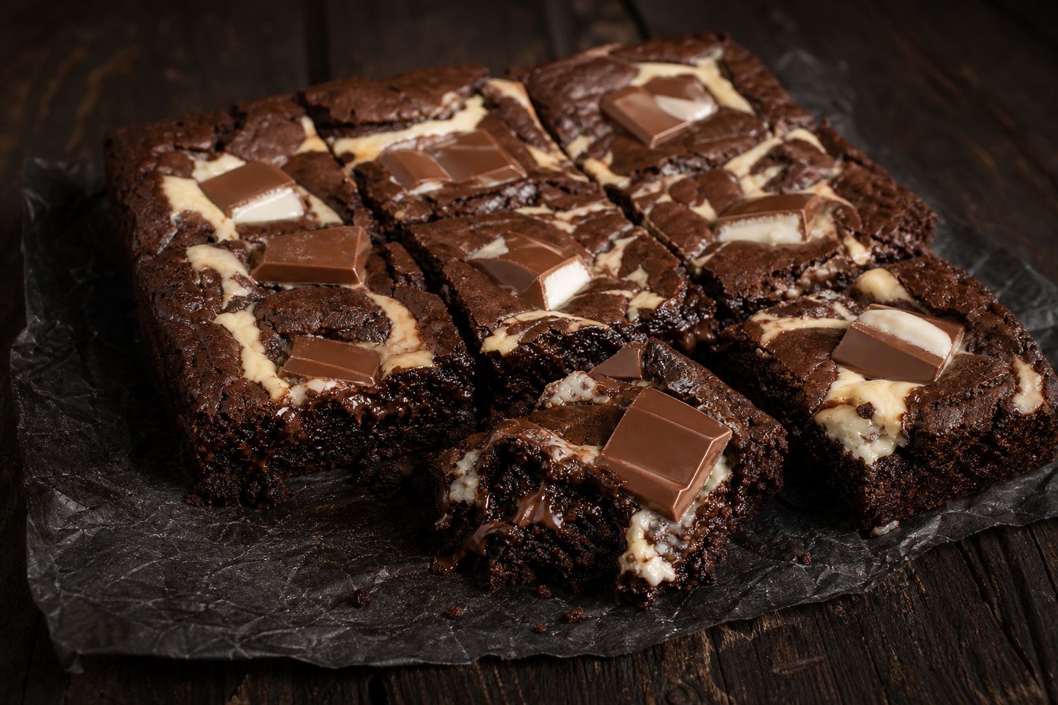 Kinder-brownies skåret i firkanter med tæt gooey kerne og en blank krone af smeltede Kinder-chokoladestænger på toppen