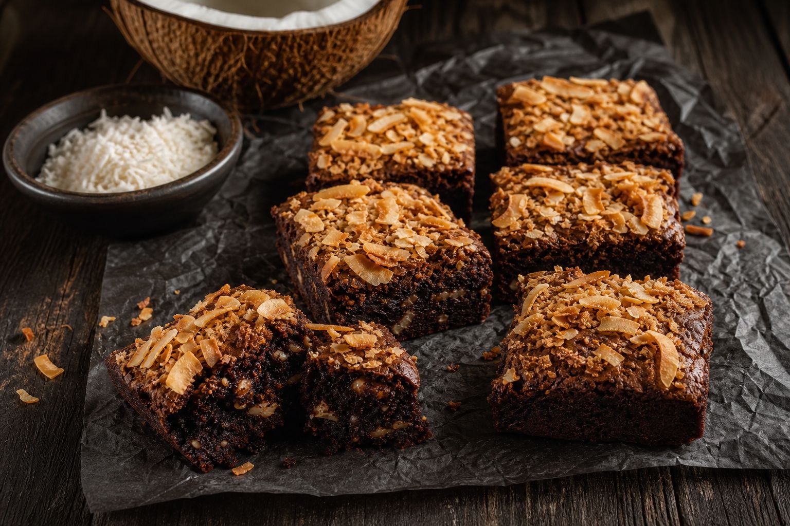 Kokos-brownies skåret i firkanter med tæt gooey kerne og et lag gyldenristede kokosflager på den blanke top