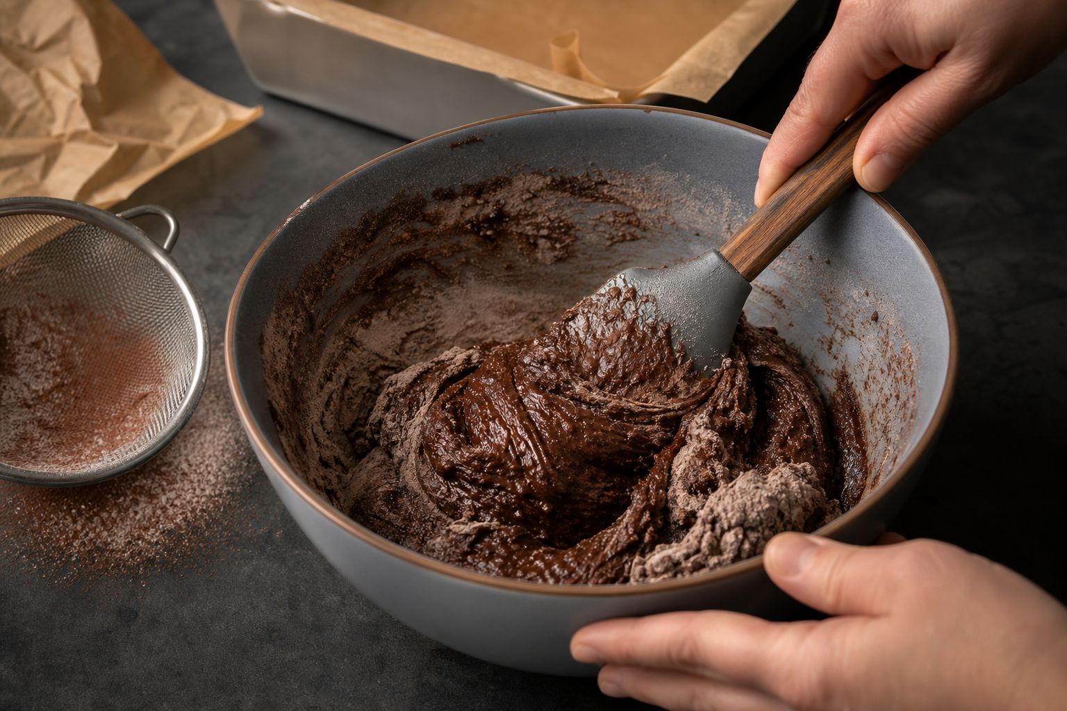 Brownies med kondenseret mælk, trin 2: rør våde og tørre sammen