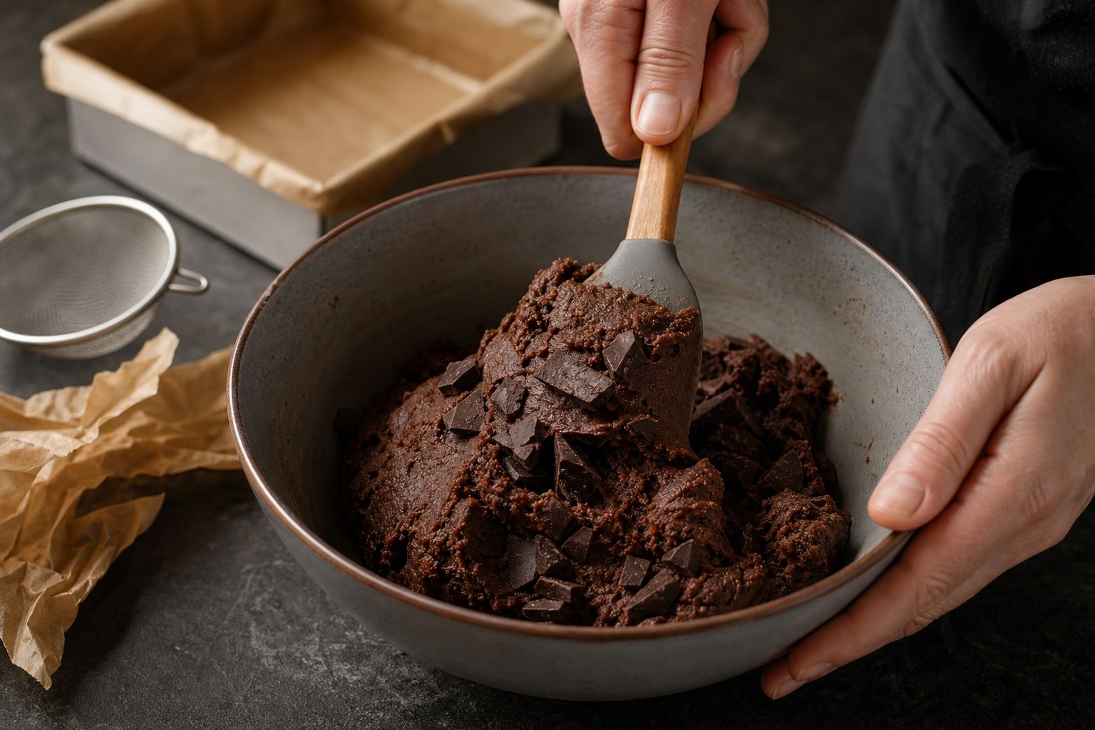 Brownies med kondenseret mælk, trin 3: vend chokolade i