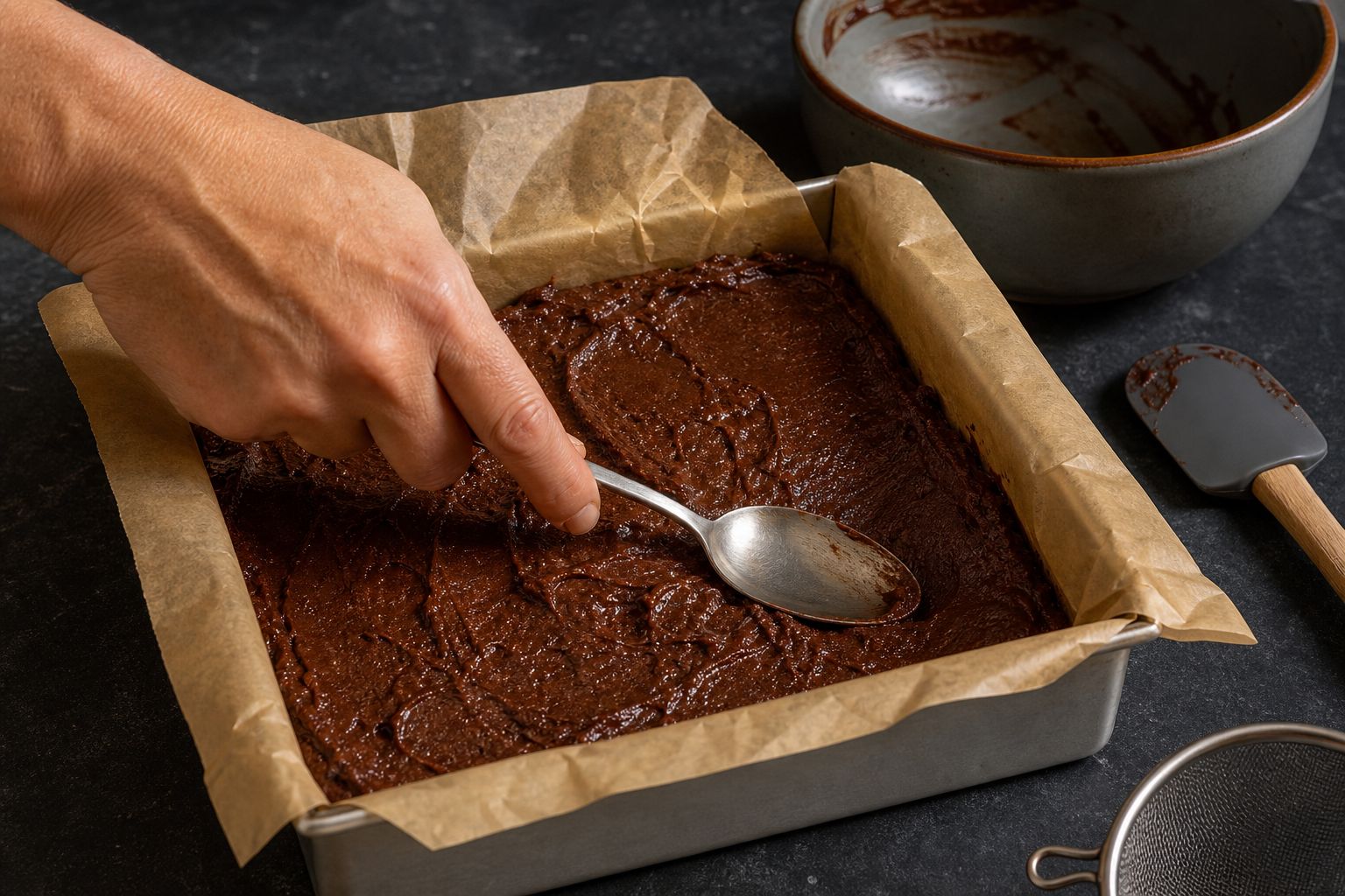 Brownies med kondenseret mælk, trin 4: pres dejen ud