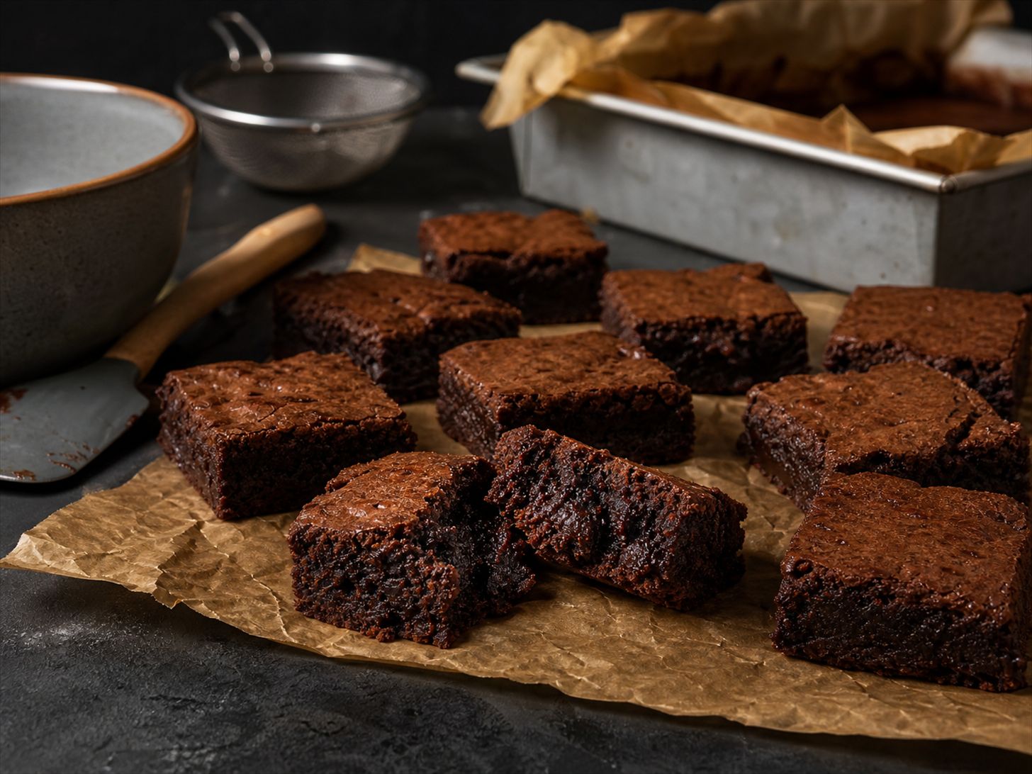 Brownies med kondenseret mælk skåret i firkanter med tæt, sej, mørk kerne og en mat, jævn top