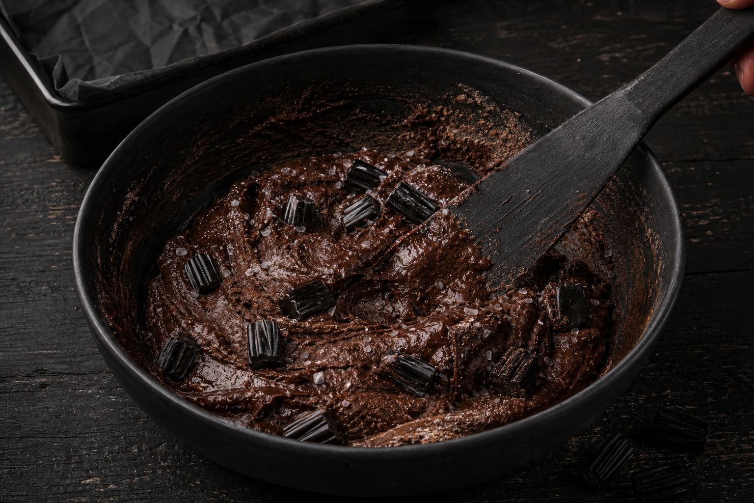 Lakrids-brownies, trin 4: rør lakrids i