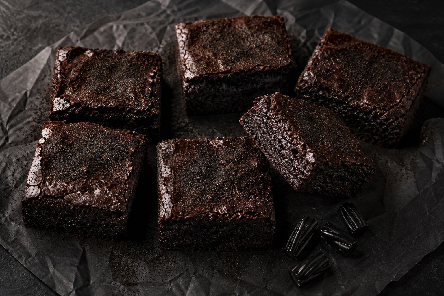 Lakrids-brownies skåret i firkanter med blank top drysset med mørkt lakridspulver og flagesalt, gooey kerne