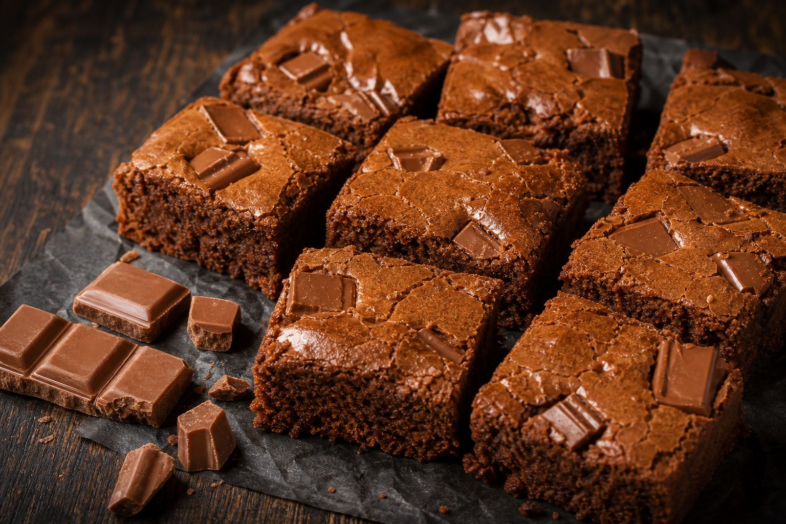 Mælkechokolade-brownies skåret i firkanter med lys blank top, blød karamelfarvet kerne og et drys flagesalt