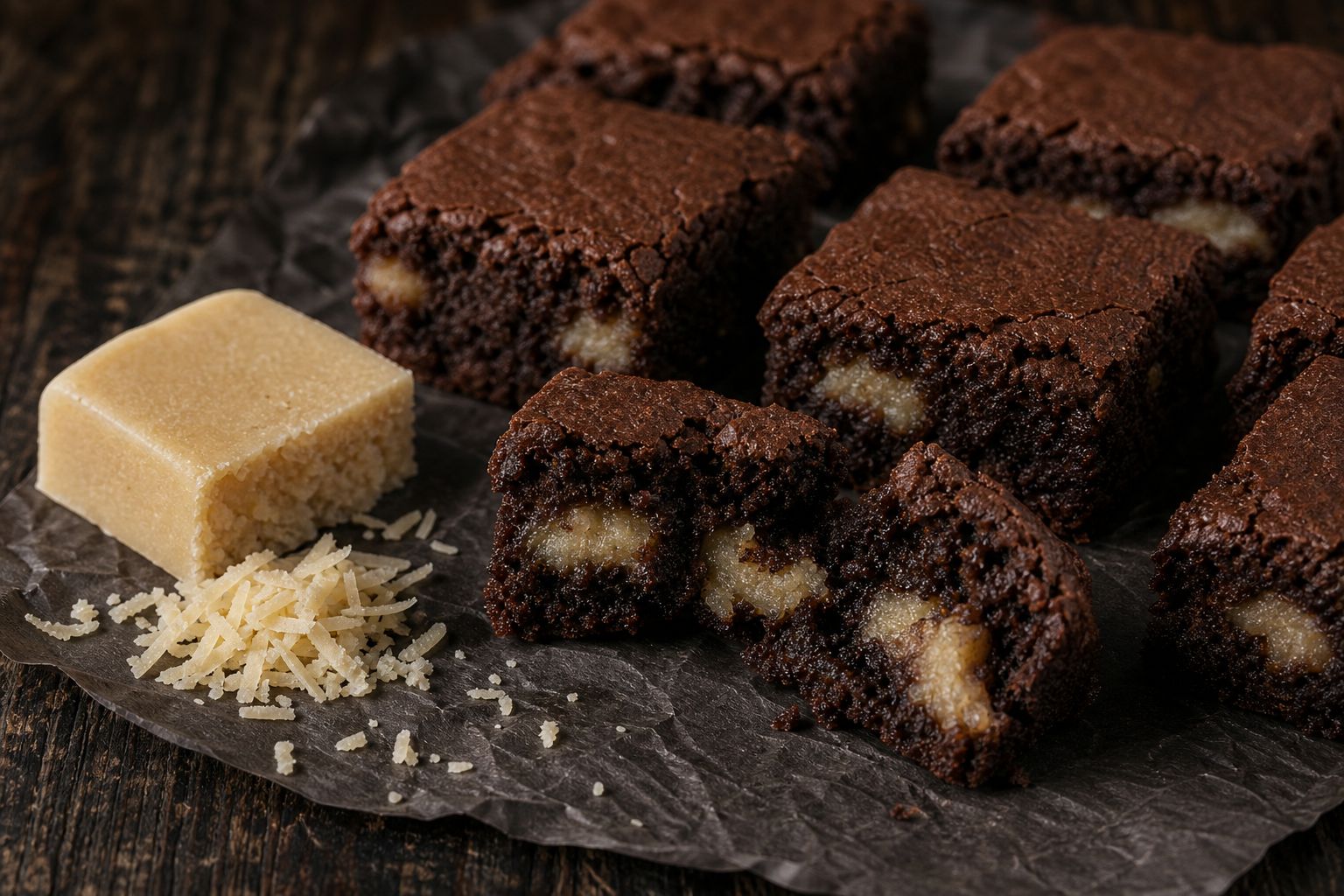 Marcipan-brownies skåret i firkanter med synlige bløde marcipanlommer i den mørke fudgy kerne og blank top