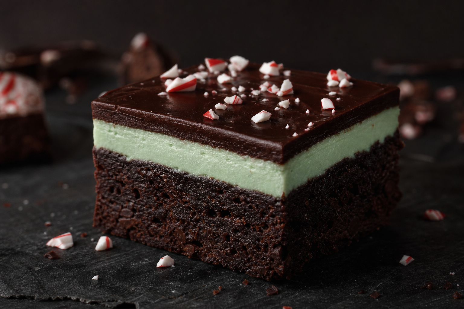 Mint-brownies skåret i firkanter med mørk fudgy bund, lysegrønt pebermyntelag i midten og blank chokoladetop drysset med knuste pebermyntestykker