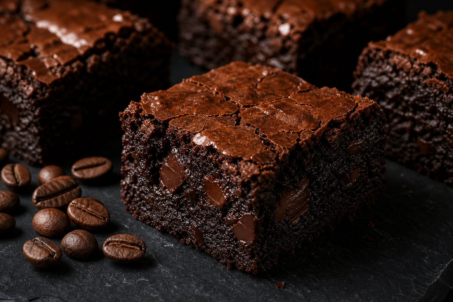 Mørke mokka-brownies i firkanter med blank, papirtynd crackly top og tæt fudgy kerne fyldt med smeltede mørke chokoladestykker