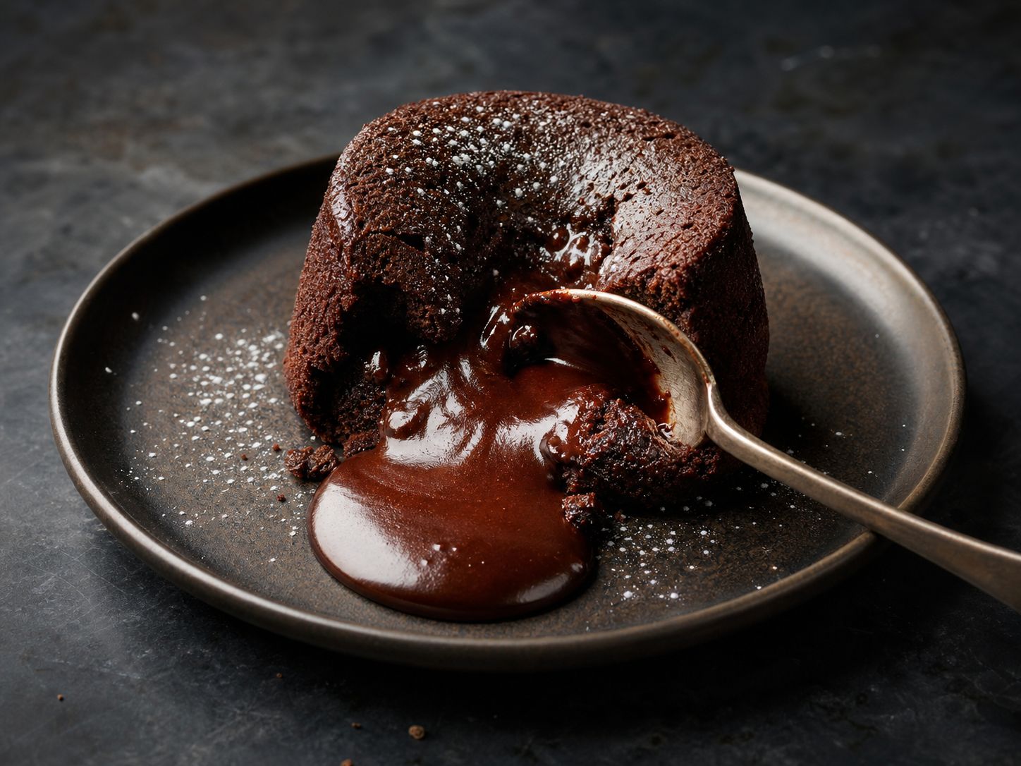 Molten lava-brownie vendt ud på en tallerken, skeen bryder kernen så flydende chokolade løber ud
