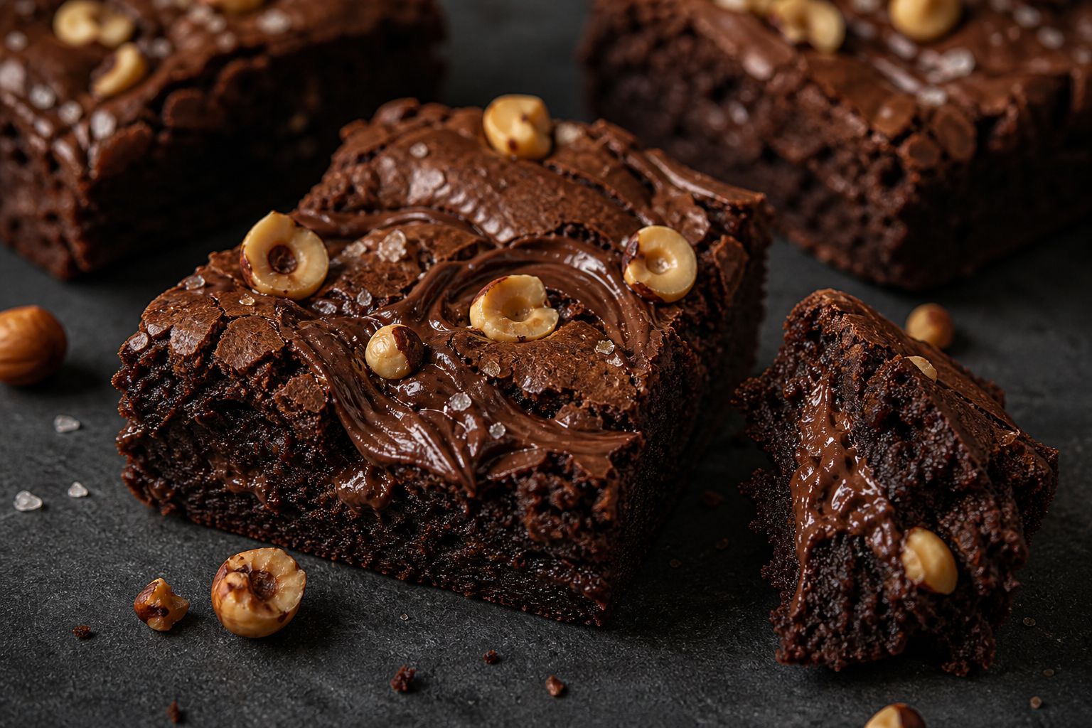 Nutella-brownies skåret i firkanter med blank crackly top, mørke Nutella-marmorering, ristede hasselnødder og flagesalt, tæt fudgy kerne