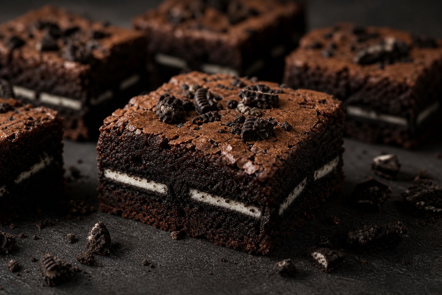Oreo-brownies skåret i firkanter med crackly top, synligt lag cremefyldte Oreos i midten og grofthakkede cookie-stykker drysset over