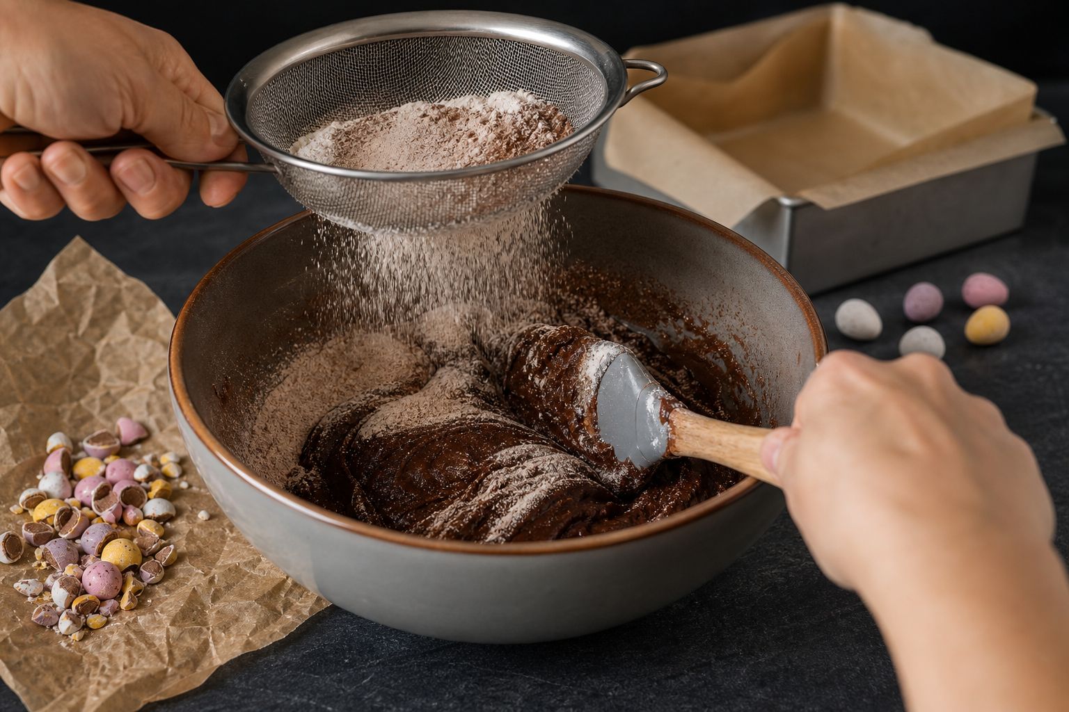 Påskebrownies, trin 4: vend det tørre i