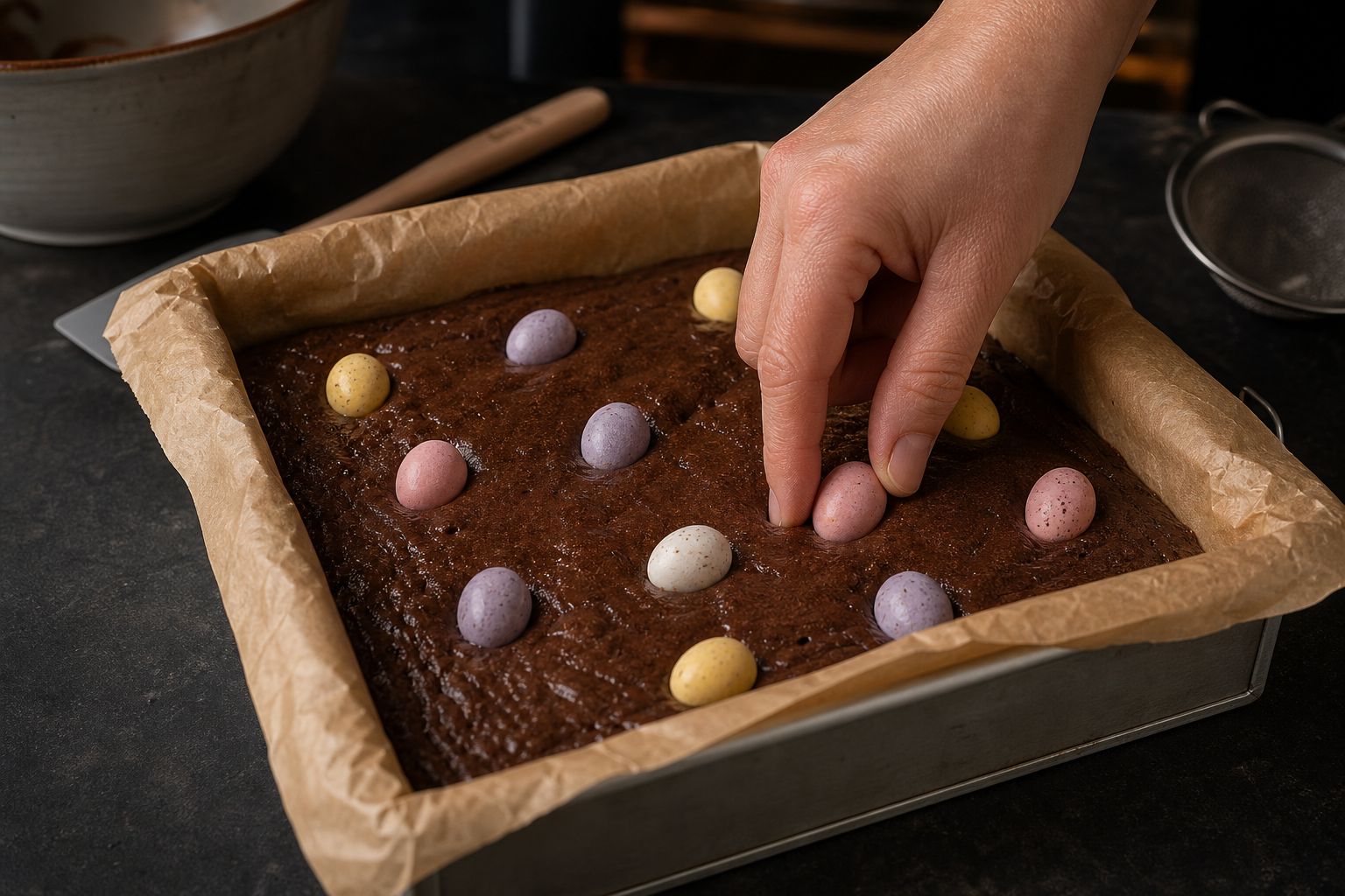 Påskebrownies, trin 6: tryk mini-æg i og bag færdig